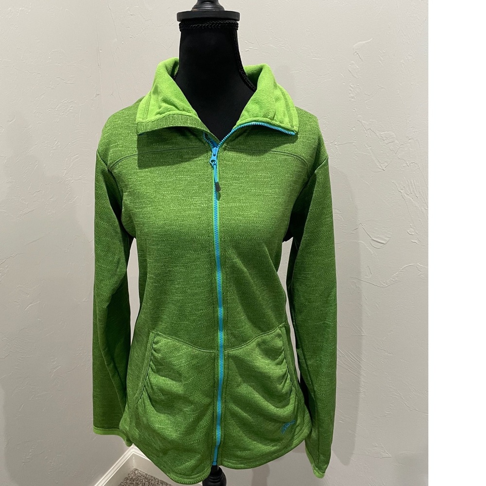 Cabelas Womens Full Zip Fleece Jacket Green Heather Blue Trim 973527 1X